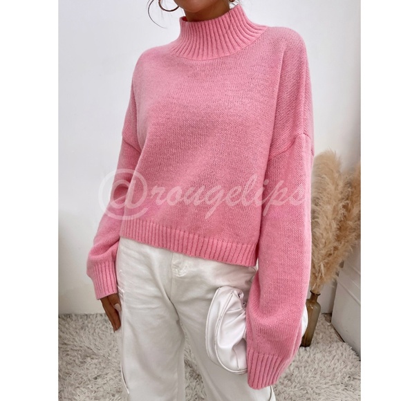 Pink Turtleneck Oversized Pullover Knit Sweater Drop Shoulder - Picture 6 of 8